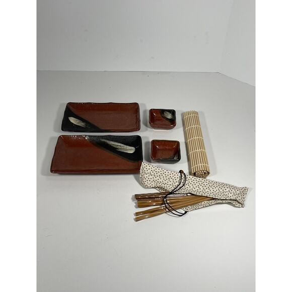 Vintage 12 Pc Hand Painted Japanese Sushi Set Plates Chopsticks Mat Stoneware - Picture 7 of 8